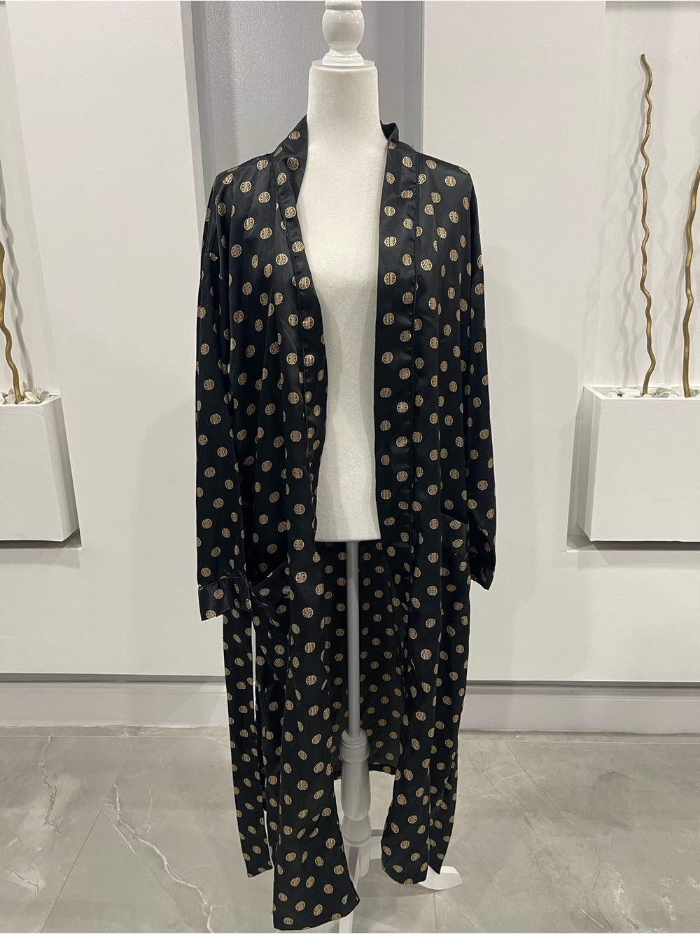 Robert Louis Black Kimono-Style Long Jacket with Gold Polka Dots